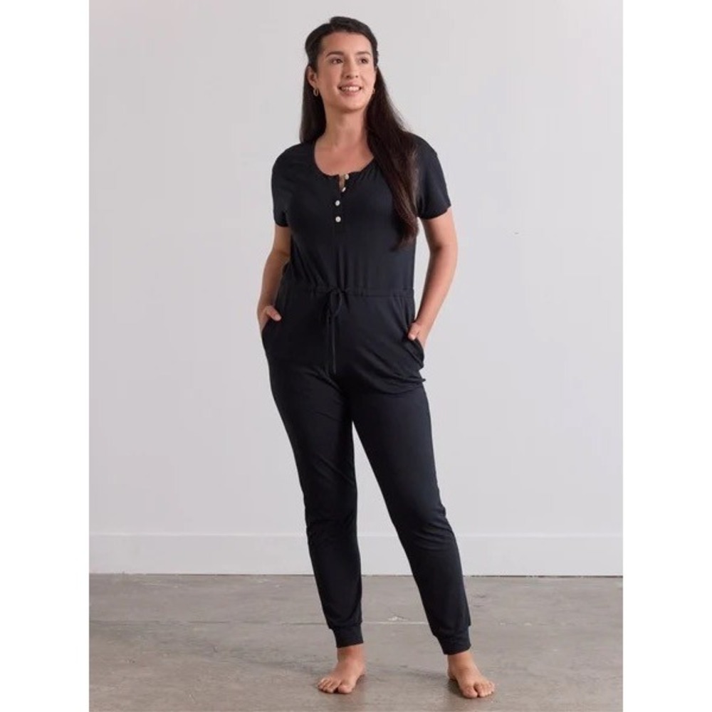 Avocado Modal Short Sleeve Jumpsuit Black Henley Drawstring HS0069W000S Womens S